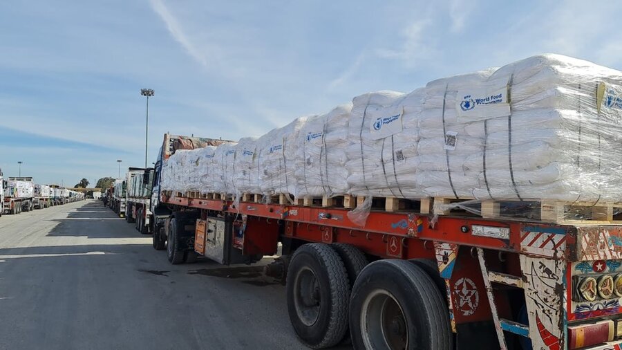 A truck packed with white sacks at the end of a convoy